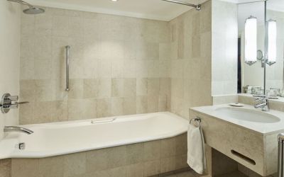 Guest bathroom with shower and at The Dilly.  
