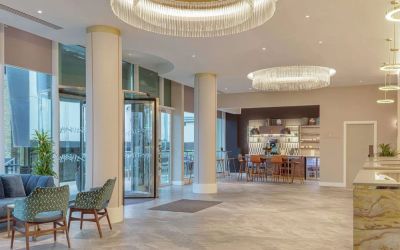 Lobby and coworking lounge at Hilton London Angel Islington.