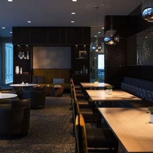 Dining area perfect for coworking at AC Hotel Cincinnati At Liberty Center.