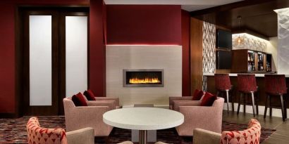 Lounge area with fire place at the Double Tree Toronto Airport West.
