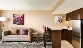 Studio suite with living area and in-room kitchen at the Double Tree Toronto Airport West.