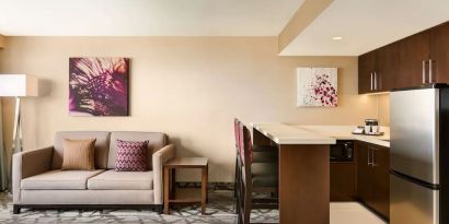 Studio suite with living area and in-room kitchen at the Double Tree Toronto Airport West.