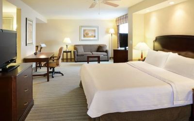 Day use studio suite with TV, work desk and living area at Homewood Suites By Hilton Burlington.