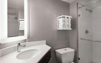 Guest bathroom with shower at Hampton Inn Chicago O`Hare.