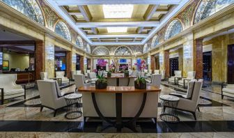 Lobby and coworking lounge at Congress Plaza Hotel.
