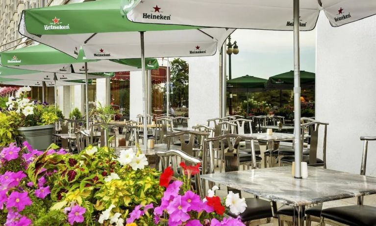 Outdoor patio perfect for coworking at Congress Plaza Hotel.
