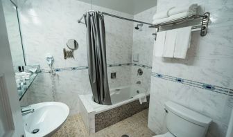 Guest bathroom with shower and tub at Congress Plaza Hotel.