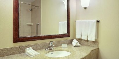 Day use bathroom with shower and toiletries at Hilton Garden Inn Toronto/Burlington.