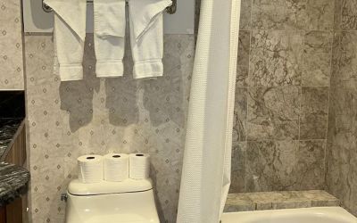 Private guest bathroom with tub at Parc Suites Hotel.