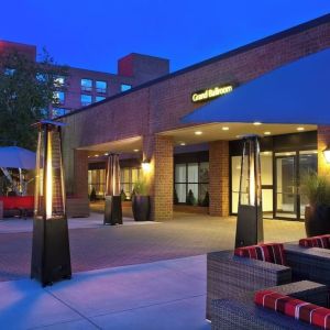 Hotel exterior at night at Boston Marriott Burlington.