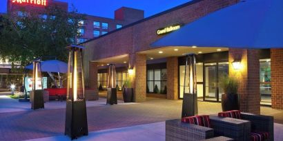 Hotel exterior at night at Boston Marriott Burlington.