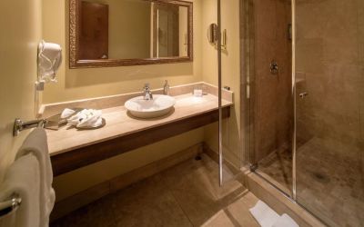 Private guest bathroom with shower and toiletries at Hotel Brossard.