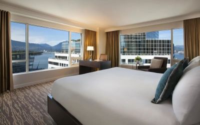 Day use room with work desk, sofa and private bathrom at the Fairmont Waterfront.