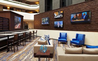 Lobby and coworking lounge at Embassy Suites By Hilton LAX Airport North.