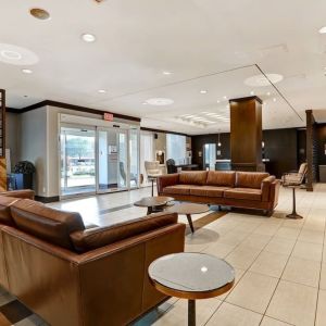 Hotel lobby with lounge seating at Four Points By Sheraton Toronto Mississauga.