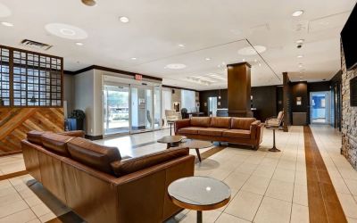 Hotel lobby with lounge seating at Four Points By Sheraton Toronto Mississauga.