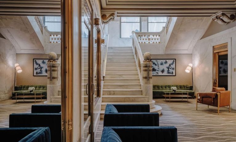 Lobby and coworking lounge at Club Quarters Hotel Wacker At Michigan.
