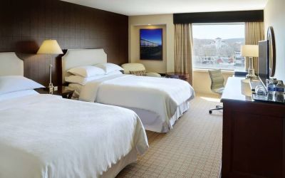 Bright day use twin room with work desk at Sheraton Hotel Newfoundland.