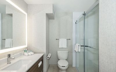 Guest bathroom with shower and free toiletries at Holiday Inn Express & Suites Medicine Hat.