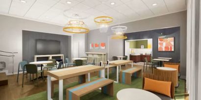 Dining area perfect for coworking at Spark By Hilton Fountain Hills Scottsdale.