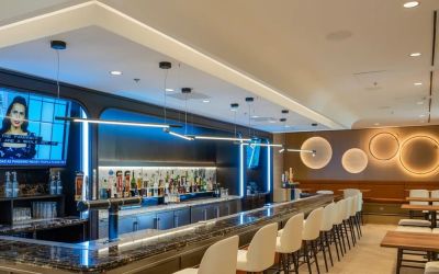 Stylish hotel bar with lounge area at Atlantica Hotel Halifax.