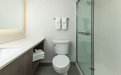 Guest bathroom with shower at Holiday Inn Kingston Waterfront.