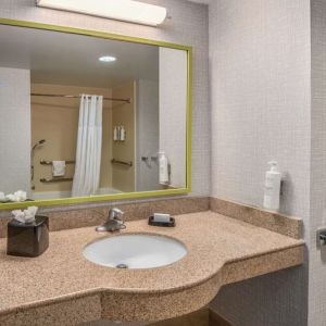 Guest bathroom with shower and tub at Hampton Inn & Suites Dallas/Allen.