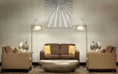 Lobby and coworking lounge at Radisson Akron/Fairlawn.