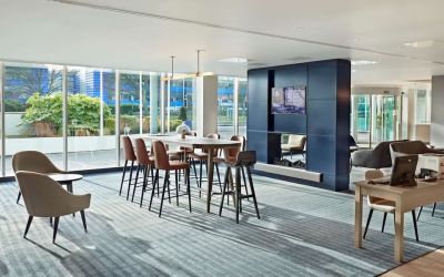 Lobby workspace at Hyatt Place London Heathrow Airport.