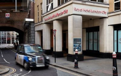 Hotel entrance at Leonardo Royal Hotel London City.
