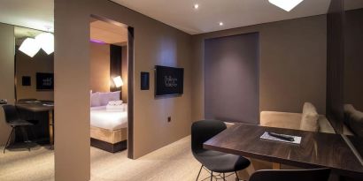 Double day use room with workspace and private bathroom at Bloc Hotel Birmingham.