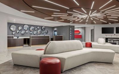 Lobby and coworking lounge at Renaissance Newark Airport Hotel.