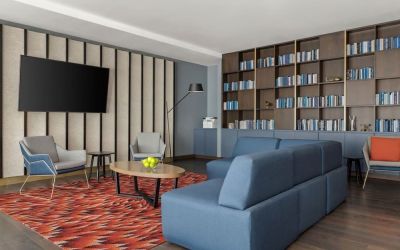 Lobby and coworking lounge at Renaissance Newark Airport Hotel.