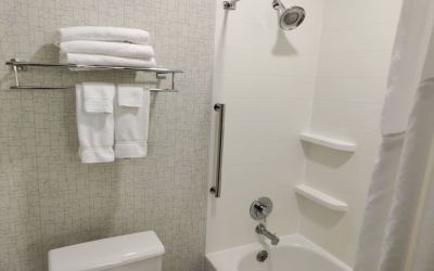 Guest bathroom with shower and tub at Holiday Inn Express Newberg - Wine Country.