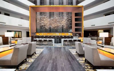 Lobby and coworking lounge at Hilton McLean Tysons Corner.