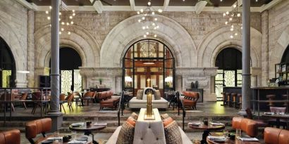 Dining area perfect for coworking at Union Station Hotel Nashville.