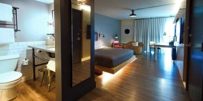 Day use room and bathroom at Moxy Phoenix Tempe/ASU Area.