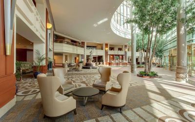 Lobby and coworking lounge at Hilton Boston Logan Airport.