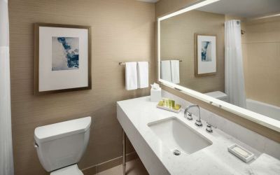 Guest bathroom with shower and tub at Hilton Boston Logan Airport.