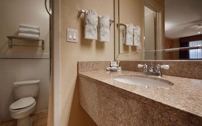 Guest bathroom with shower at Best Western Pearland Inn.