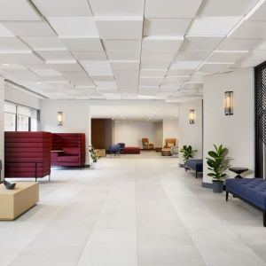 Lobby and coworking lounge at Hyatt Regency Boston/Cambridge.
