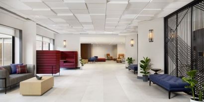 Lobby and coworking lounge at Hyatt Regency Boston/Cambridge.
