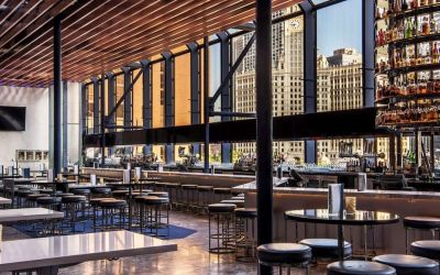 Hotel bar with natural light at Hyatt Regency Chicago.