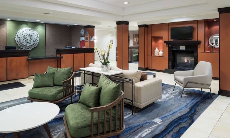 Lobby and coworking lounge at Fairfield Inn & Suites Kansas City Overland Park.