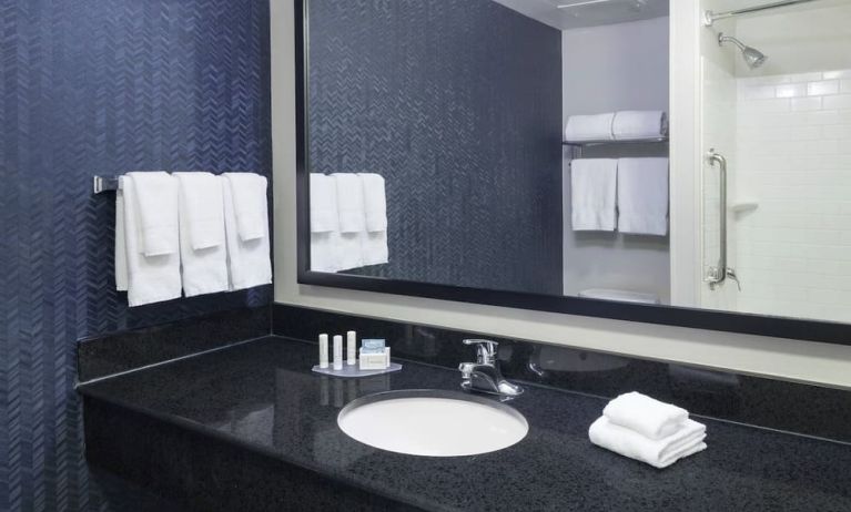 Guest bathroom with shower and tub at Fairfield Inn & Suites Kansas City Overland Park.