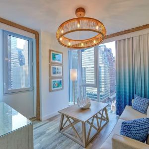 Day use room with lounge area at Margaritaville Resort Times Square.