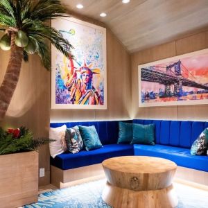 Coworking lobby seating at Margaritaville Resort Times Square.