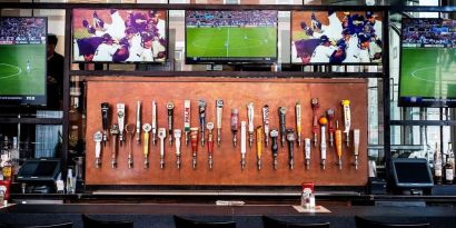 Hotel bar TV at Wyndham Garden Chinatown NYC.