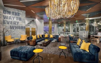 Lobby and coworking lounge at The Envoy Hotel, Autograph Collection.