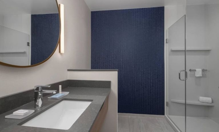 Guest bathroom with shower at Fairfield Inn & Suites By Marriott Kenosha Pleasant Prairie.